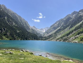 Scenic view of lake in mountains against sky