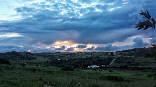 Scenic view of field against sky during sunset
