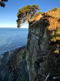 Scenic view of rocks by sea against sky