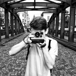 Man in railroad track
