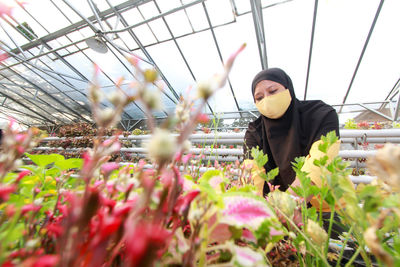 Portrait of woman standing amidst flowers