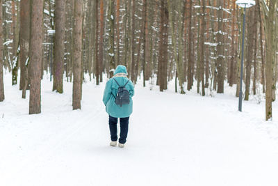 Rear view of man walking in snow covered forest