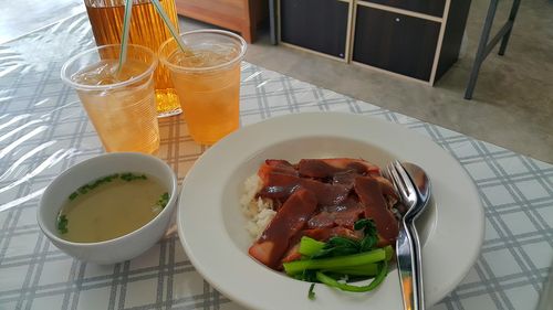 High angle view of breakfast served on table