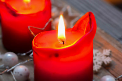 Close-up of lit candles on table