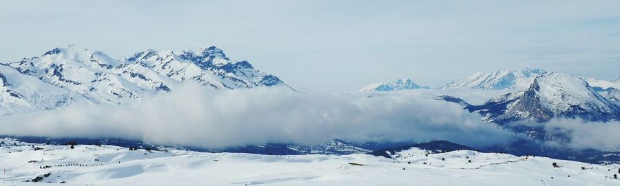 Scenic view of snow mountains against sky