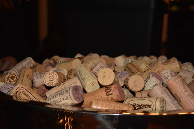 Close-up of cork stoppers in darkroom