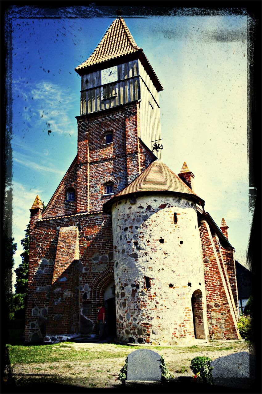 architecture, building exterior, built structure, transfer print, auto post production filter, sky, low angle view, tower, window, old, history, religion, church, outdoors, day, facade, clock tower, cloud - sky, no people, brick wall