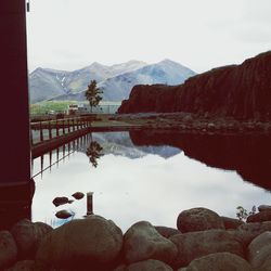 Scenic view of lake and mountains against sky