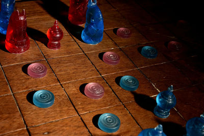 High angle view of chess pieces on table