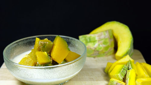 Close-up of fruits in bowl on table