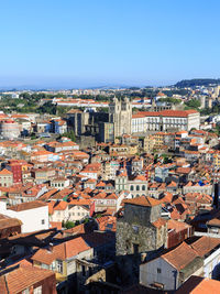 High angle view of townscape against clear sky