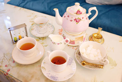 High angle view of tea cup on table