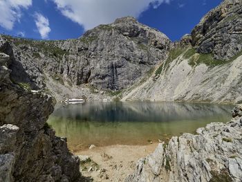 Scenic view of lake and rocks against sky