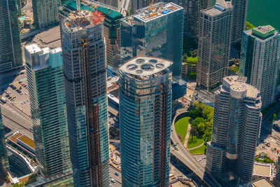 High angle view of modern buildings in city