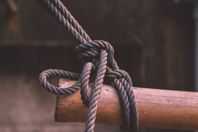 Close-up of rope tied on wood