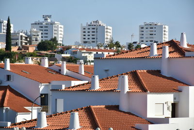 High angle view of buildings in city