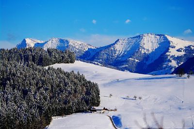 Scenic view of snow covered field and mountains against sky at hochgrat
