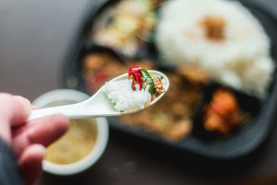 Close-up of person holding food in spoon