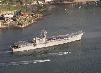 High angle view of ship sailing in sea