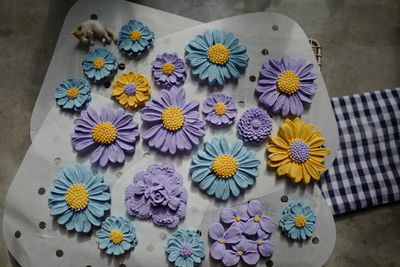 High angle view of multi colored flower on table