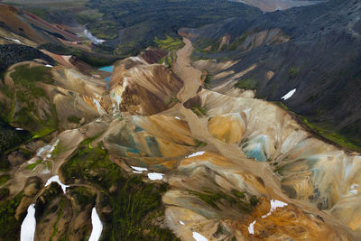 High angle view of river amidst mountains