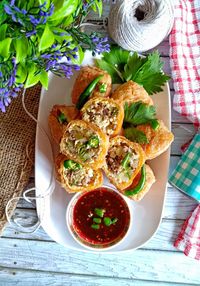 High angle view of breakfast served on table