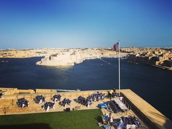 Calm sea against clear blue sky