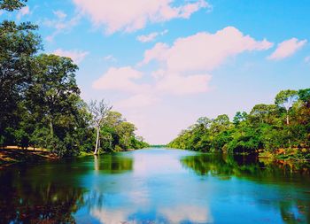 Reflection of trees in lake against sky