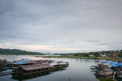 High angle view of harbor against sky