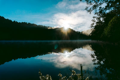 Scenic view of lake by silhouette trees against sky