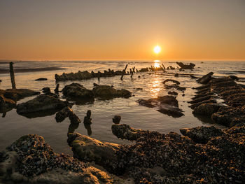 Low tide at sunset exposes a sunken shipwreck from world war ii close to the beach