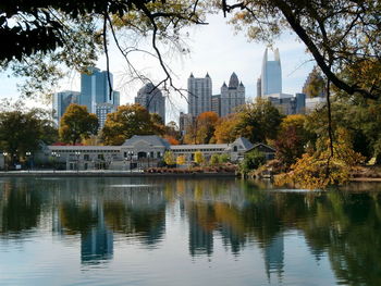 Reflection of buildings in lake