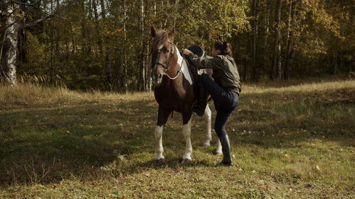 Horse riding horses in field