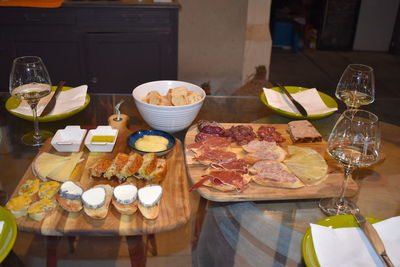 High angle view of food served on table in restaurant