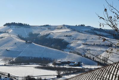 Aerial view of landscape against clear blue sky