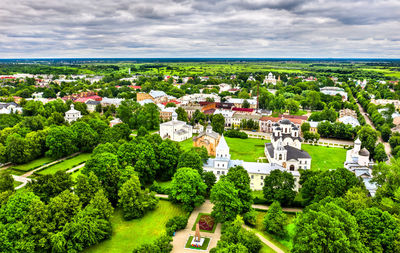 High angle view of trees and buildings in town