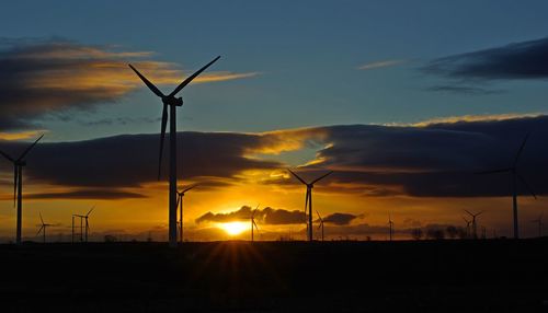 Silhouette windmill on field against sky during sunset