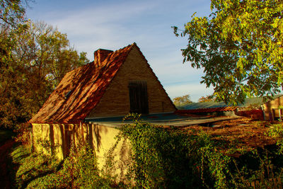 House amidst trees and plants against sky