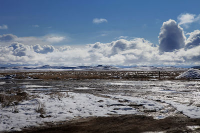 Scenic view of landscape against sky during winter