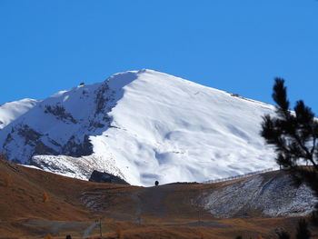 Low angle view of snowcapped mountain against clear blue sky