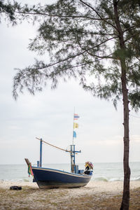 Sailboat moored on sea against sky