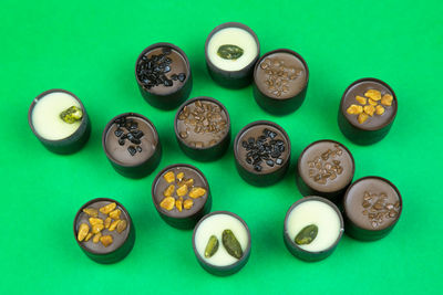 High angle view of various coins on table