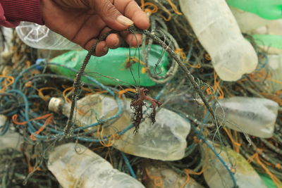 High angle view of person fishing net