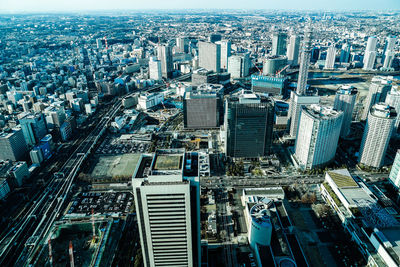 High angle view of modern buildings in city