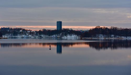 Scenic view of lake against sky at sunset