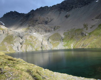 Scenic view of lake by mountains against sky