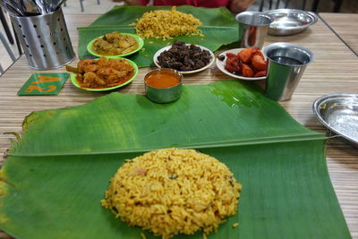 High angle view of meal served on table