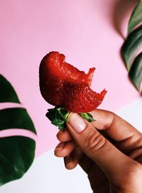 Close-up of hand holding strawberry over white background