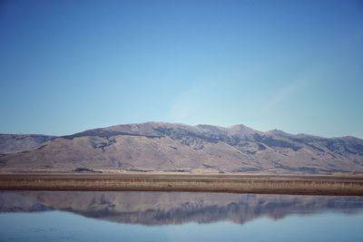 Scenic view of lake and mountains against clear blue sky