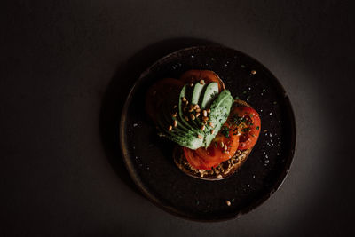 High angle view of fruit salad in plate on table